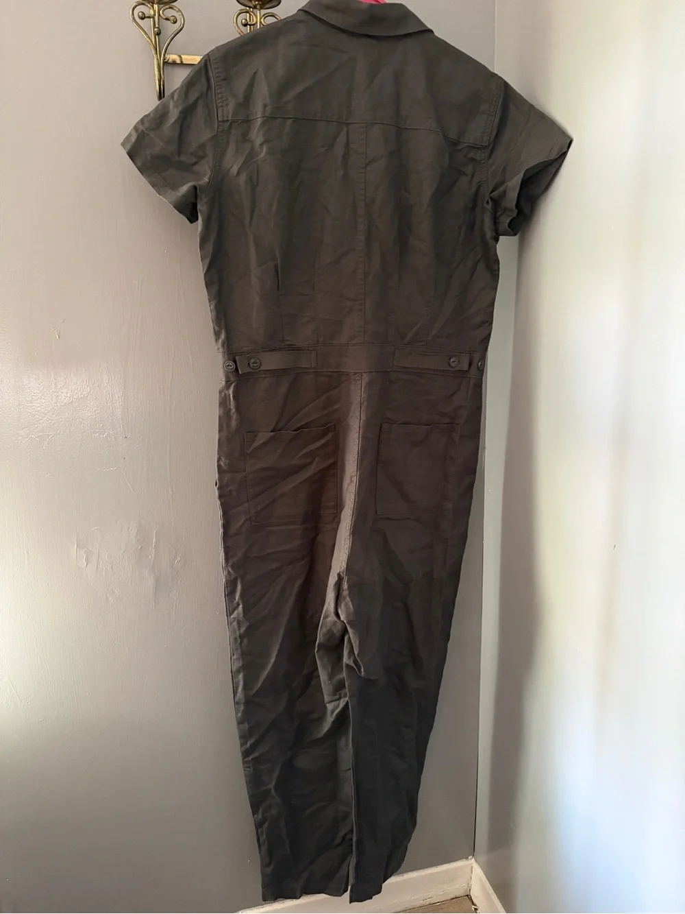 Quince Short-Sleeve Button-Front Utility Jumpsuit - grey linen cotton